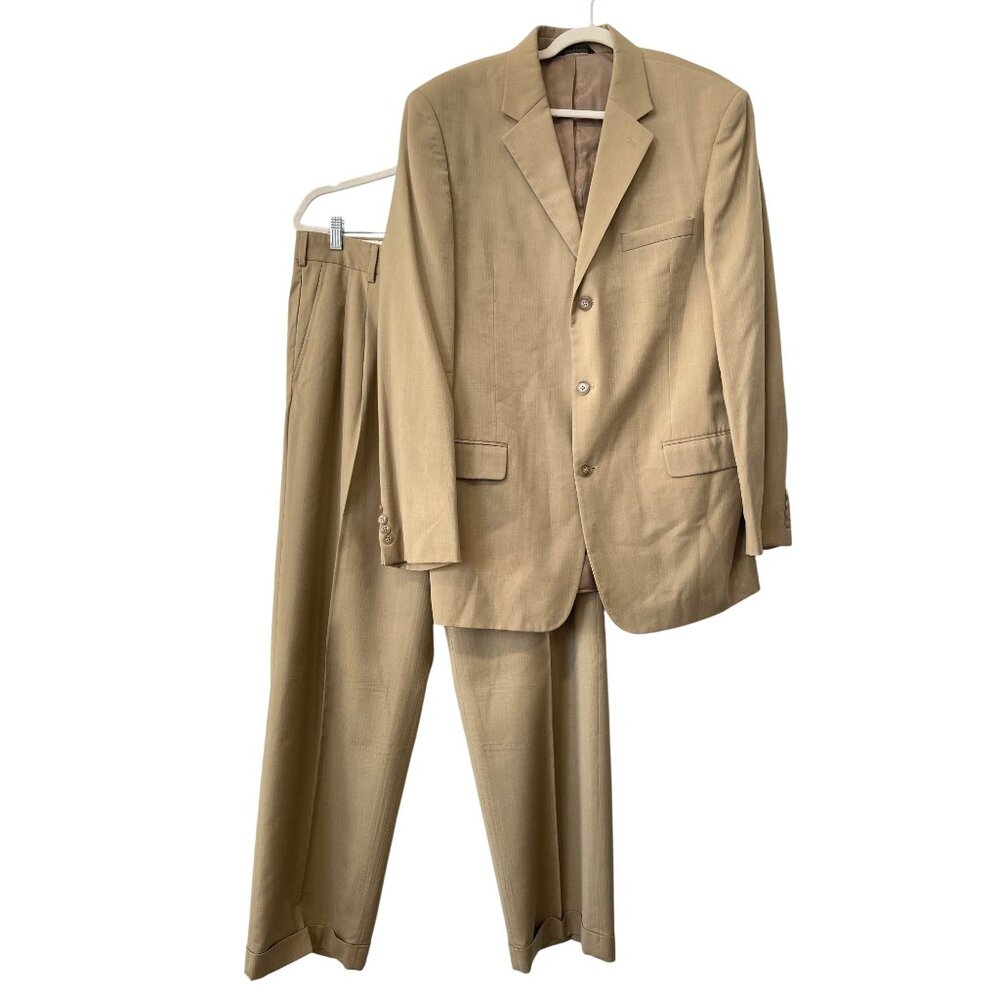 Fumagalli Suit Set Size 44L 38 Waist Wool Button Front Jacket Pleated Pants Tan